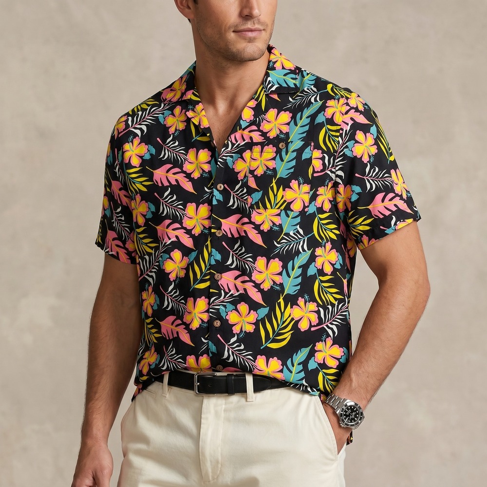 UZZI Amphibious Gear Men's Hibiscus Hawaiian Aloha Shirt Large Neon Tropical